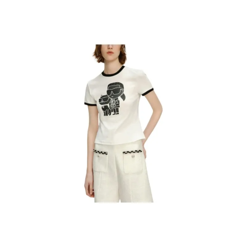 KARL LAGERFELD Logo Print Crew Neck Slim Fit Cropped Short Sleeved T Shirt T Shirt Women's White-4