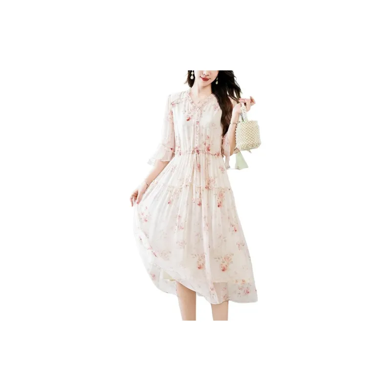 Yi Mengyuan Silk Long Sleeved Dress Women's Pink-1