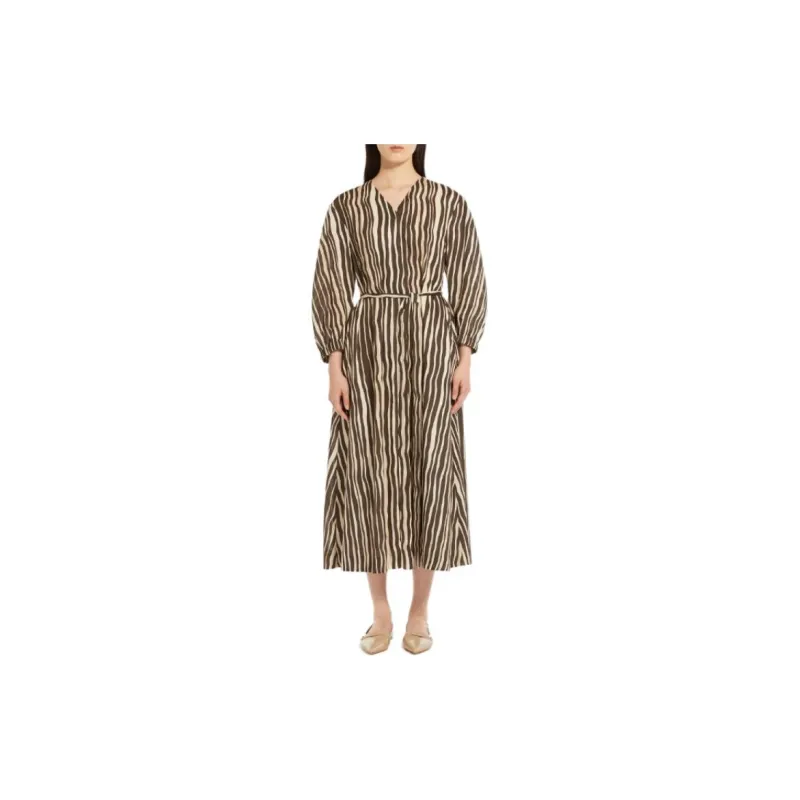 MaxMara Pomelia Collection Printed Voile Dress Long-Sleeved Dresses Women's Brown-3