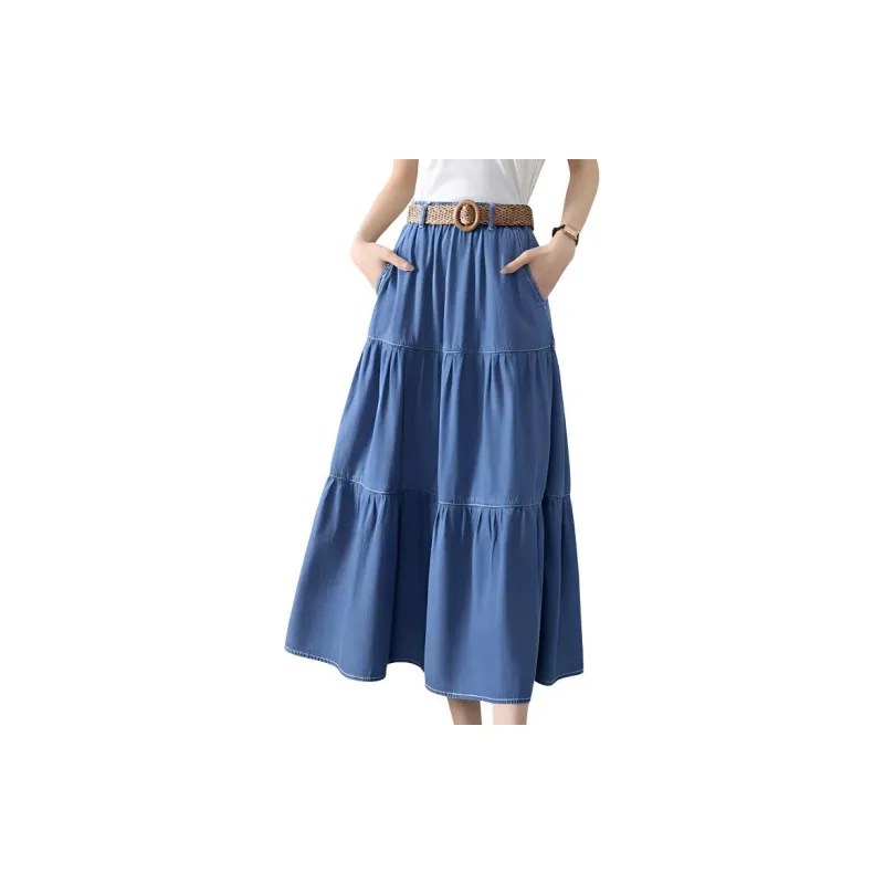 Mo Han Yi Mei Casual Long Skirt Women's Denim Blue-2