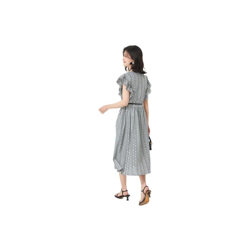 VILAN Sleeveless Dress Women's Black White Plaid-0