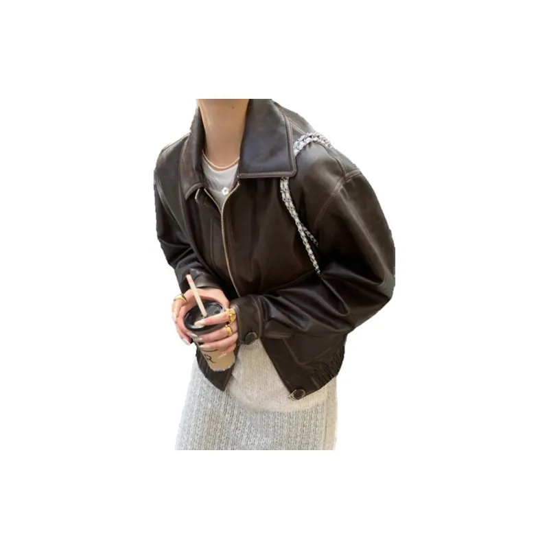 Little pull Leather Jackets Women's Coffee-2