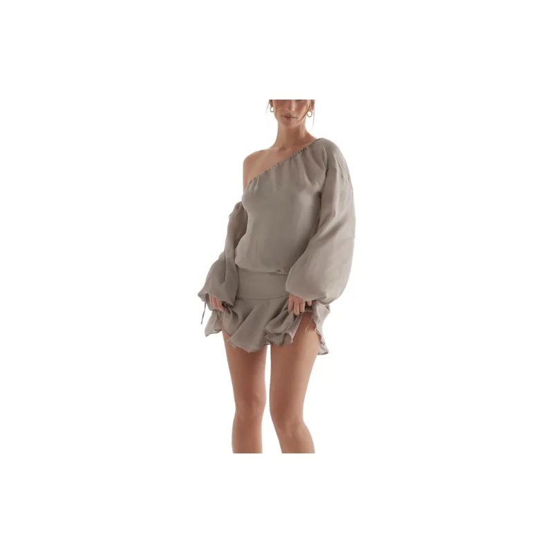 HOUSE OF CB Wilhelmina Off Shoulder Dress Long Sleeved Dress Women's Ash Green/Gray Green-0