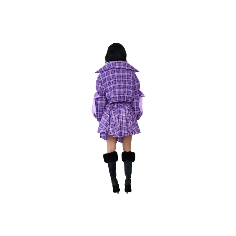 Selkie Collection FW24 Puffer Jacket Women's Purple Preppy Style Plaid Print-2