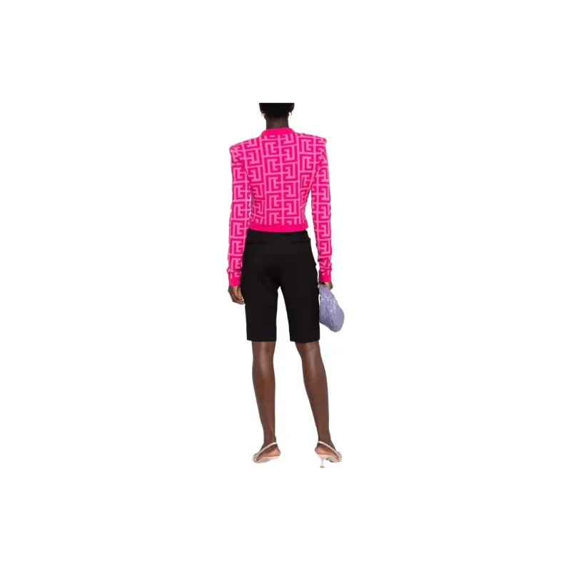 BALMAIN Cropped Maxi Monogram Knitted Cardigan 'Pink'-1