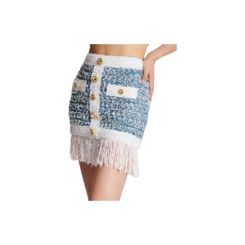 BALMAIN Buttoned Denim Fringed Tweed Mini Skirt-4