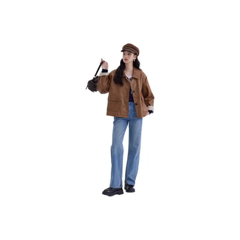 DEAR DEER PUFF Leather Jacket Women's Brown-1