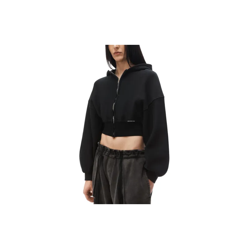 T By Alexander Wang Branded Seam Label Cropped Zip Up Hoodie Faded Black-3