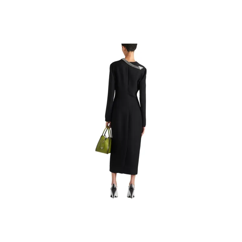 PRADA Long Sleeved Necklace-Embellished Cady Dress-2