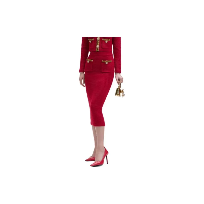 Self portrait Casual Long Skirts Women's Red-2