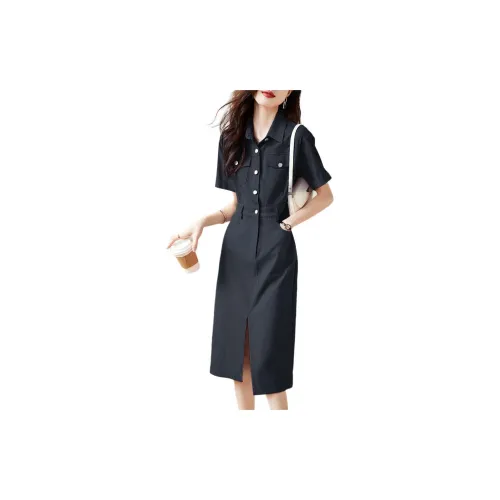 Mo Han Yi Mei Short Sleeved Dresses Women's Navy Blue