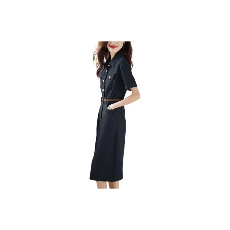 Mo Han Yi Mei Short Sleeved Dress Women's Navy Blue-1