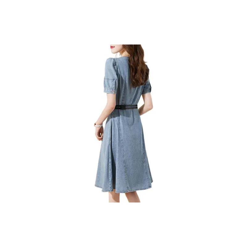 Mo Han Yi Mei Short Sleeved Dress Women's Denim Blue-2