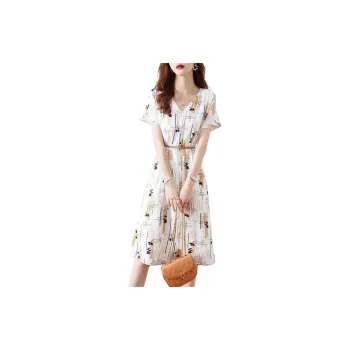 XWI Short Sleeved Dress Women's White Base Yellow Print