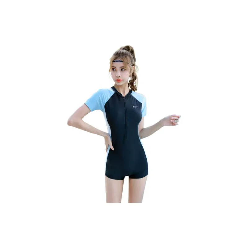 Youyou One Piece Swimsuits Women's Blue With Black Short Sleeves-3