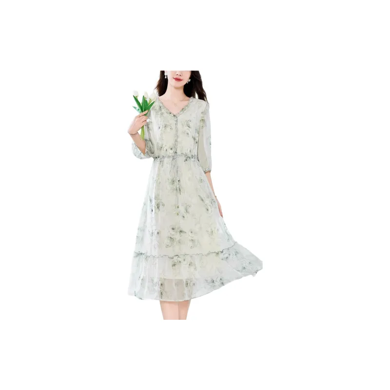 Yi Mengyuan Silk Long Sleeved Dress Women's Green-3
