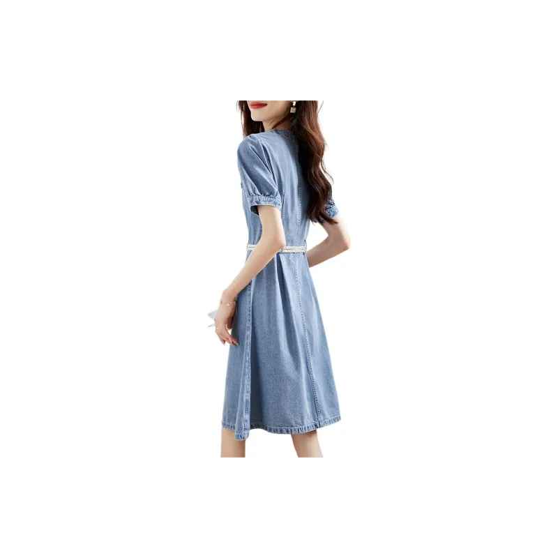 Mo Han Yi Mei Short Sleeved Dresses Women's Denim Blue-2