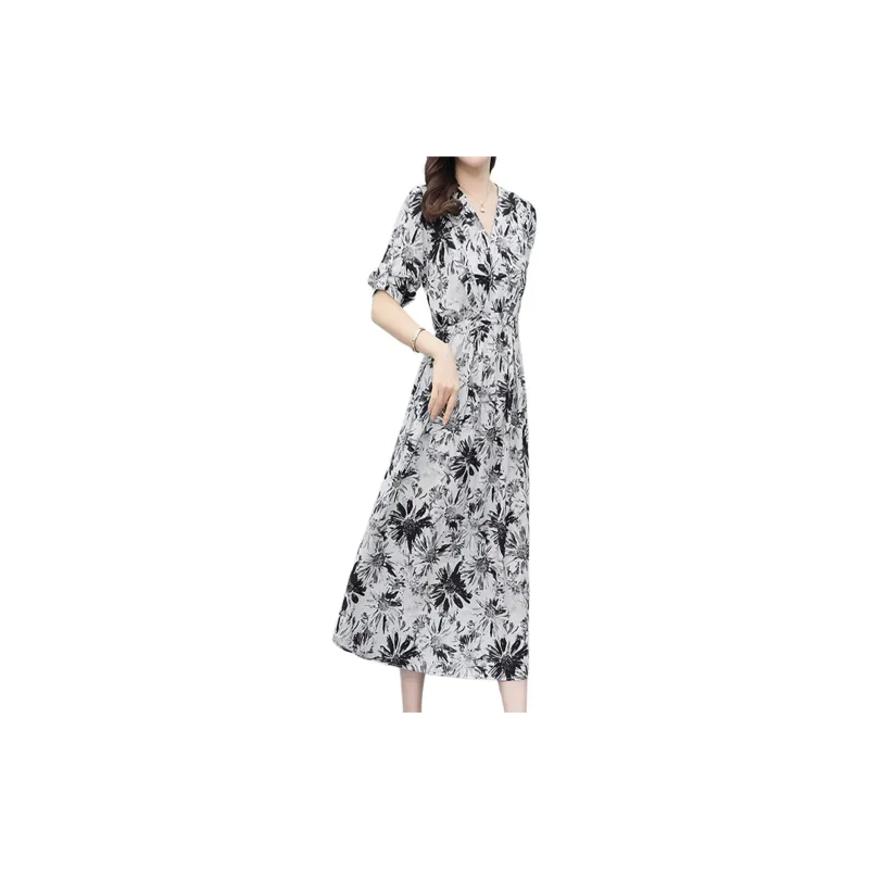Mapping Short-Sleeved Dresses Women's Black And White Florals-3