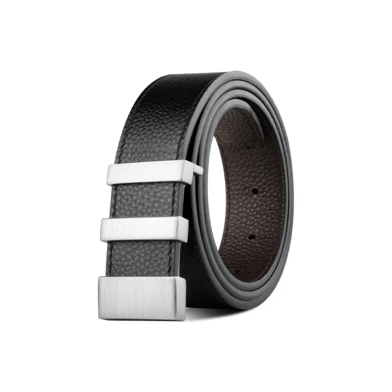 PISHUSHU Cow Leather Smooth Buckle Belt Men's Chrome Frosted Black Gold Width  3.5cm-0