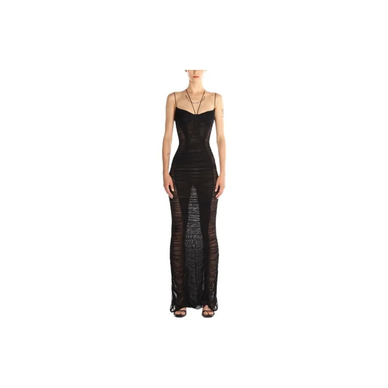 Mugler SS24 Backless Ruched Mesh Gown Slip Dresses Women's Black-2