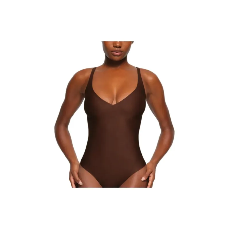SKIMS BODY UNLINED PLUNGE THONG BODYSUIT Bodysuits Women's COCOA/Cocoa-1