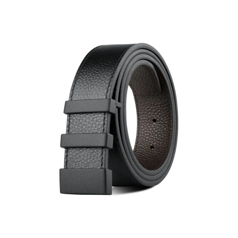 PISHUSHU Cow Leather Smooth Buckle Belt Men's Chrome Frosted Black Gold Width  3.5cm-2