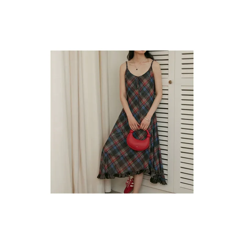 BLUEerror Slip Dress Women's Vintage Red Coffee Plaid-1