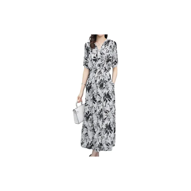 Mapping Short-Sleeved Dresses Women's Black And White Florals-1