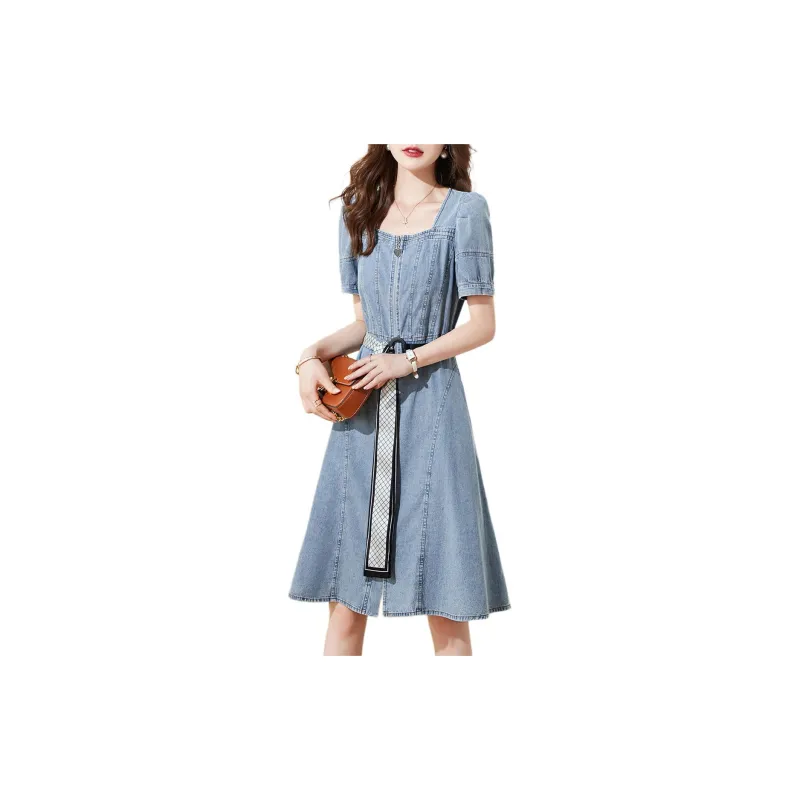 Mo Han Yi Mei Short Sleeved Dress Women's Denim Blue-3