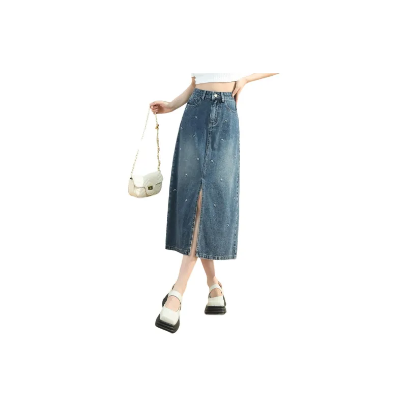 JEANSWEST American Luxury Streetwear Fashion Embroidery Design Split Flair Vintage Casual Versatile Summer Women's Blue-2