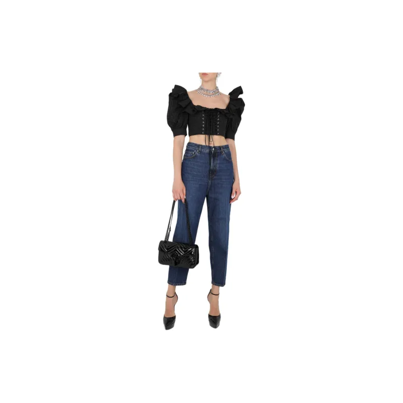 Alessandra Rich Ruffled Cropped Lace Up Blouse-2