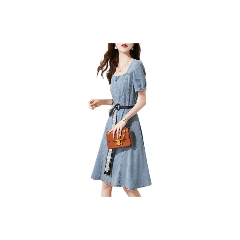 Mo Han Yi Mei Short Sleeved Dress Women's Denim Blue-1