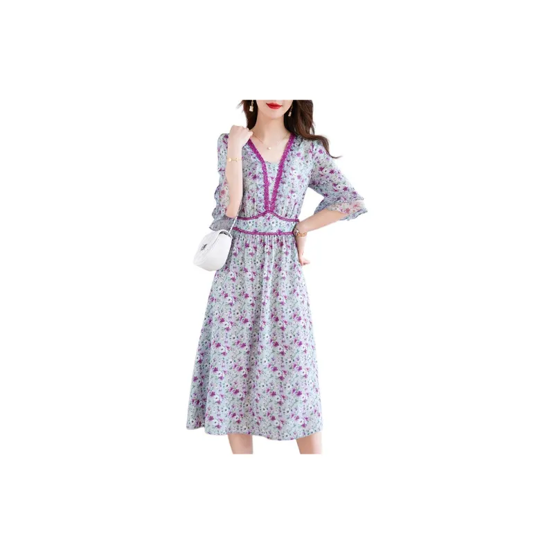 Ink Beauty Long Sleeved Dress Women's Gray Purple-1