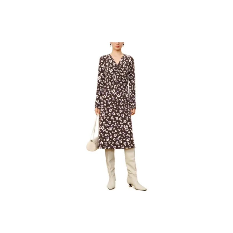 JZ. ANNAKRO Long Sleeved Dresses Women's Floral Dark Coffee-1