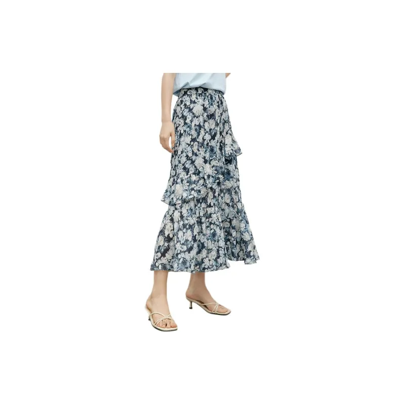 Hopeshow Casual Long Skirt Women's Blue With Floral-3