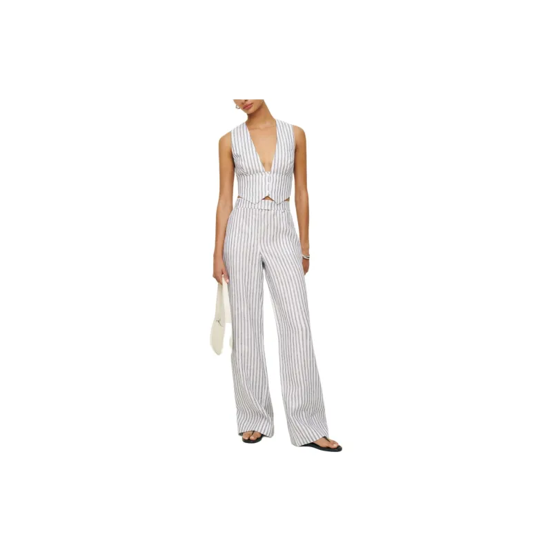 REFORMATION Sofia Cropped Linen Vest Tank Tops Women's Anti-Bacterial Stripes-1