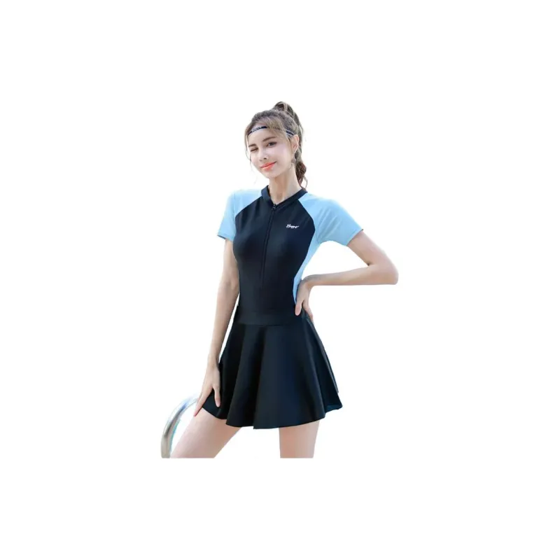 Youyou One Piece Swimsuits Women's Blue With Black Short Sleeves-2