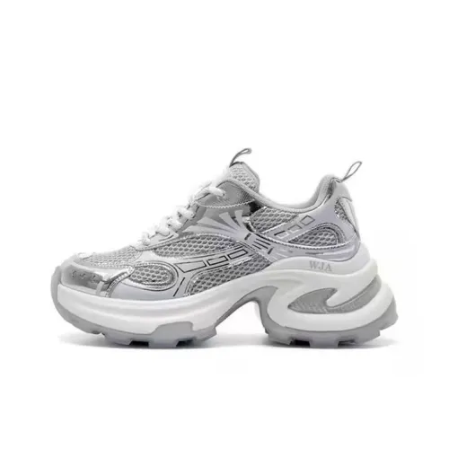 WJA Anti Slip Wear Resistant Breathable Lightweight Low Top Chunky Sneakers Women's Silver