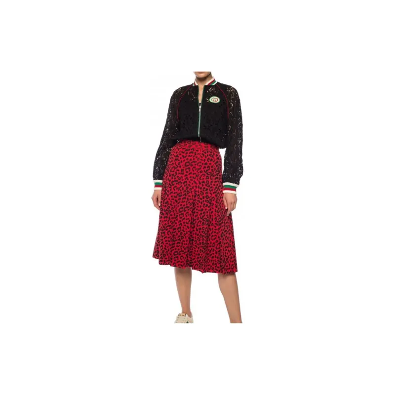 GUCCI Leopard Print Silk Skirt Red-2