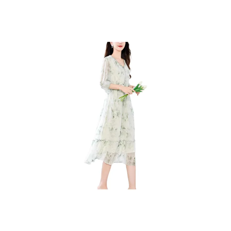 Yi Mengyuan Silk Long Sleeved Dress Women's Green-4