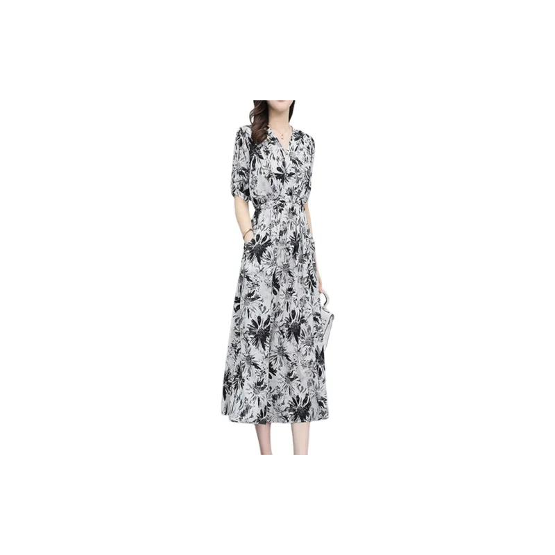 Mapping Short-Sleeved Dresses Women's Black And White Florals-2