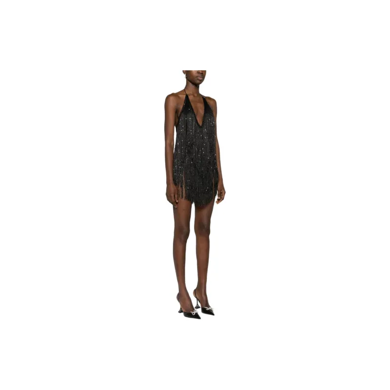 Rotate Sequined Fringed Mini Halterneck Dress-3