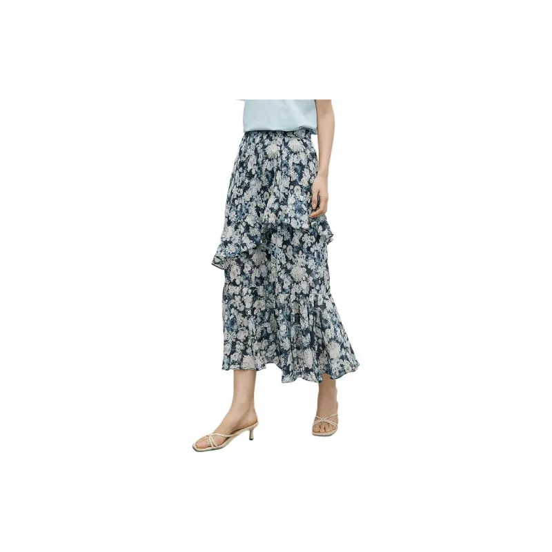 Hopeshow Casual Long Skirt Women's Blue With Floral-2