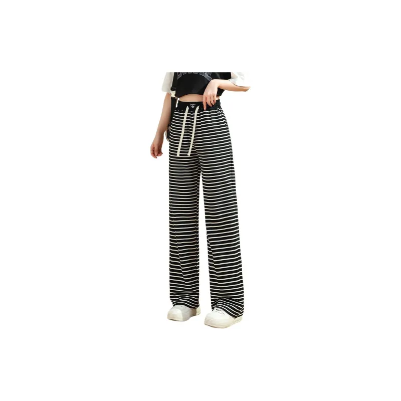 JEANSWEST Casual Pants Women's Black White Stripes-3