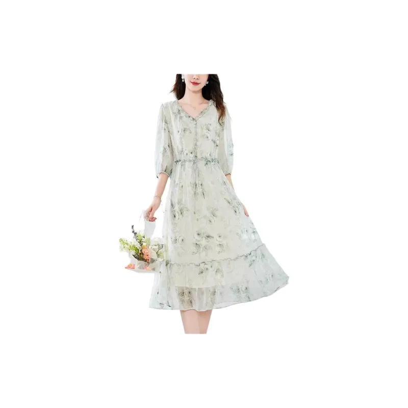 Yi Mengyuan Silk Long Sleeved Dress Women's Green-2