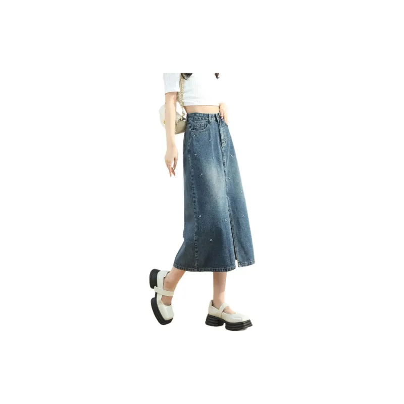 JEANSWEST American Luxury Streetwear Fashion Embroidery Design Split Flair Vintage Casual Versatile Summer Women's Blue-4