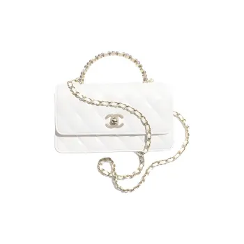 CHANEL Lambskin & Artificial Pearl & Gold Metal Handbag, Crossbody Bag Women's White