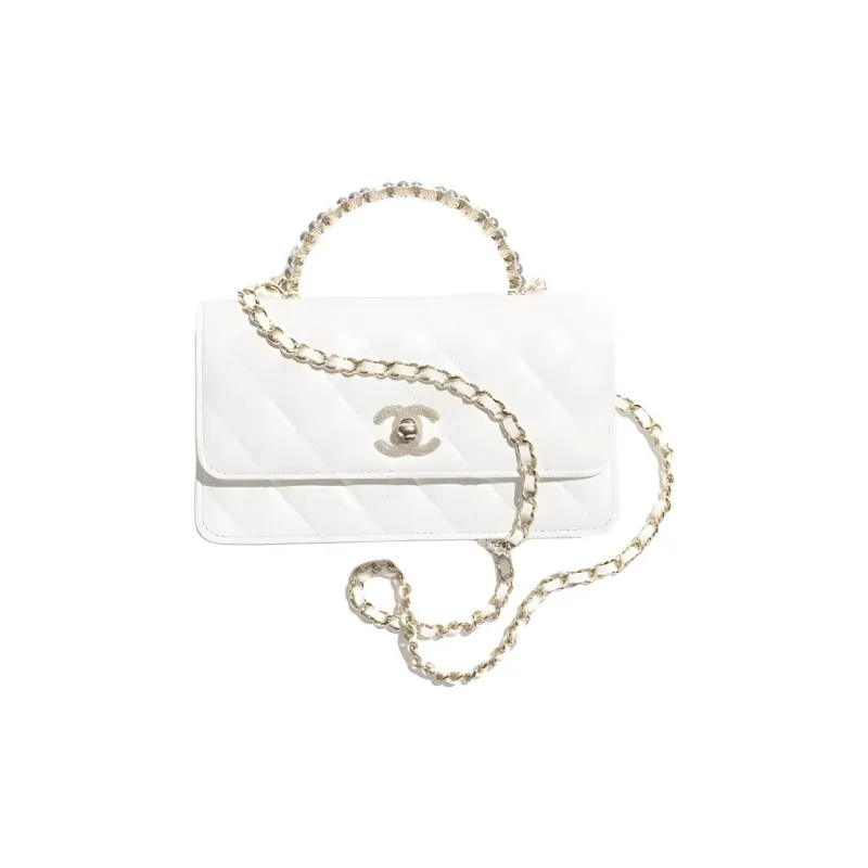 CHANEL Lambskin & Artificial Pearl & Gold Metal Handbag, Crossbody Bag Women's White-0
