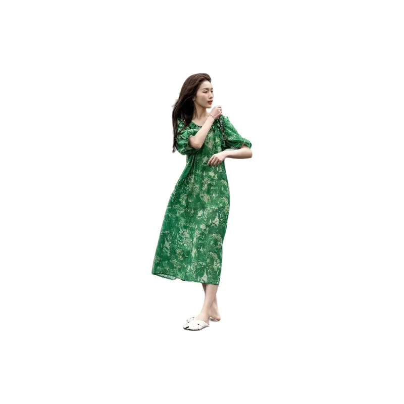 【dme】 Short Sleeved Dress Women's Seaweed Green-3