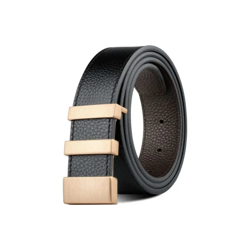 PISHUSHU Cow Leather Smooth Buckle Belt Men's Chrome Frosted Black Gold Width  3.5cm-3
